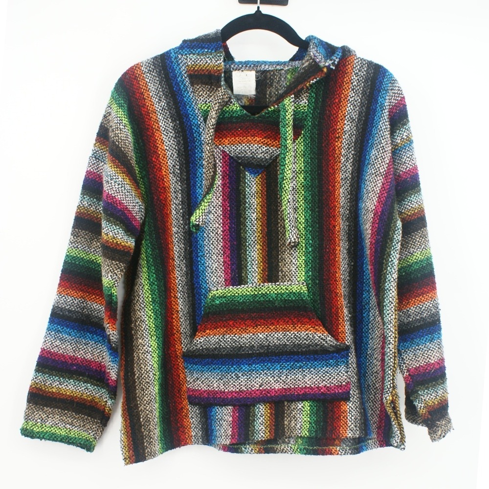 Artilana Mexican Baja Hoodie Rainbow Striped Jerga Pullover Multi Color Medium
